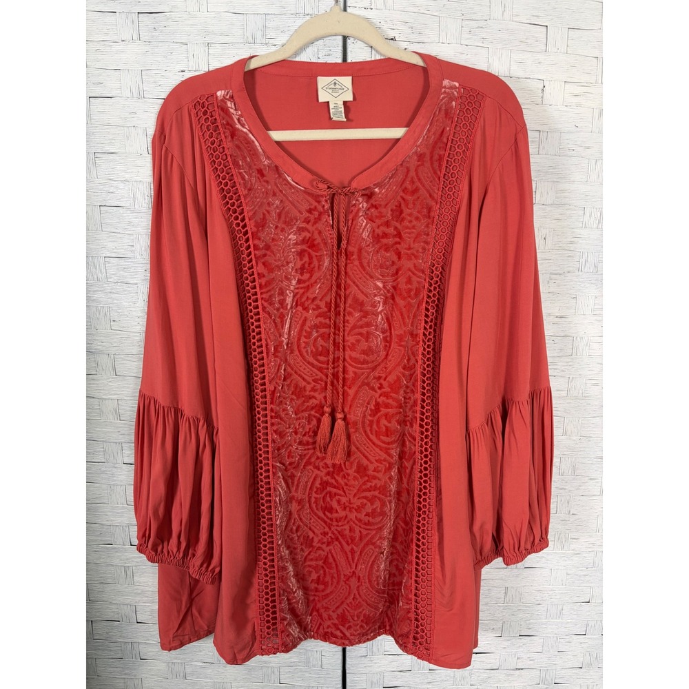 St Johns Bay Womens Blouse Velvet Burnout‎ Crochet Lace Peasant Boho Plus Size